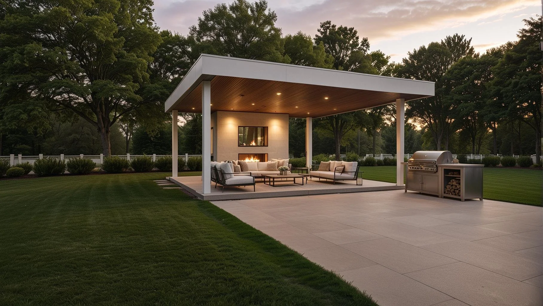 Backyard patio with modern furniture, outdoor fireplace, and built-in grill under a covered pavilion, surrounded by green lawn and trees at sunset. Long Island, New Construction, Architecture, Pool House