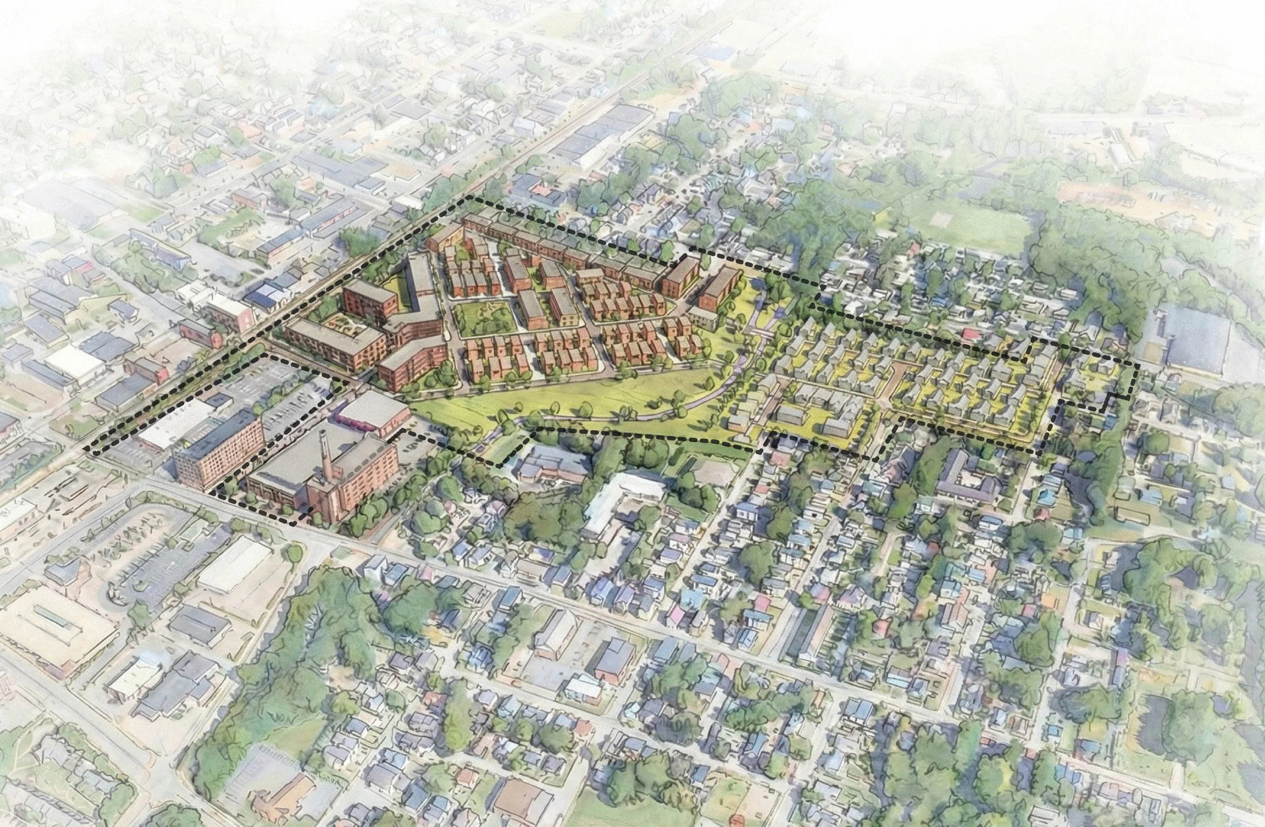 Aerial view of a city neighborhood with a planned urban development area outlined in dashed lines, including residential buildings, parks, and roads. Master Planning, Massachusetts, architecture, residential, mixed use