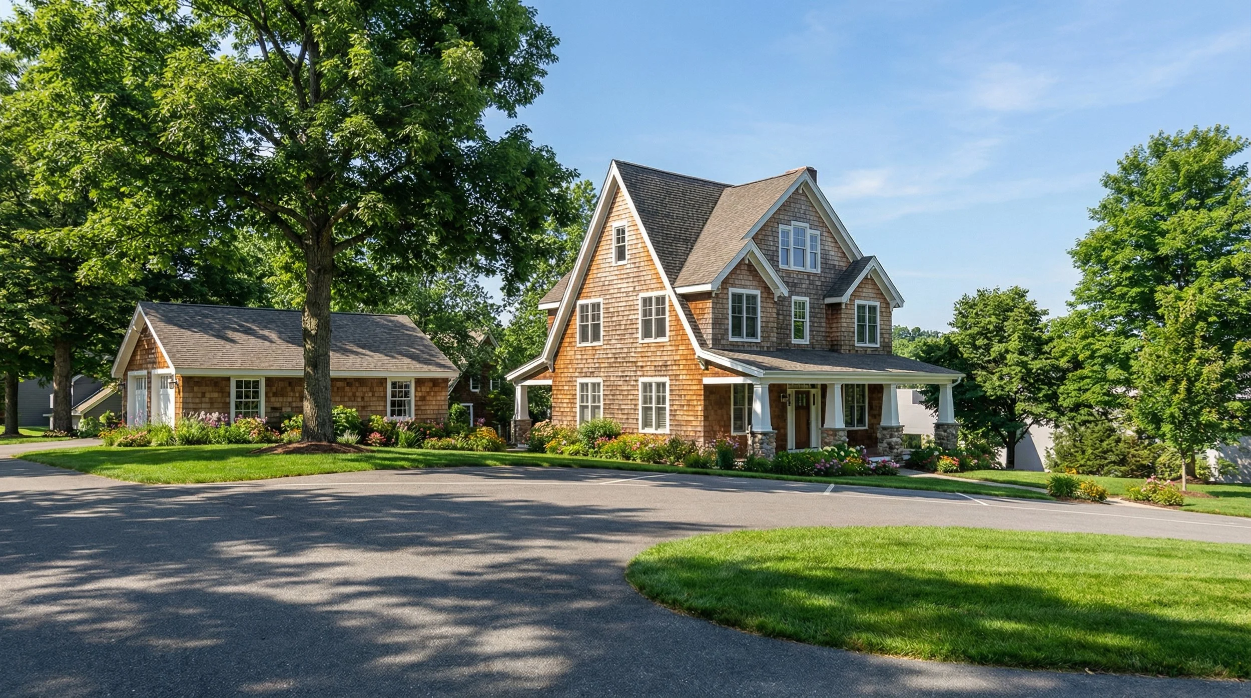 A large house with a stone and wood exterior surrounded by a landscaped yard with trees and shrubs, under a blue sky. Long Island, custom residential home, architecture, design