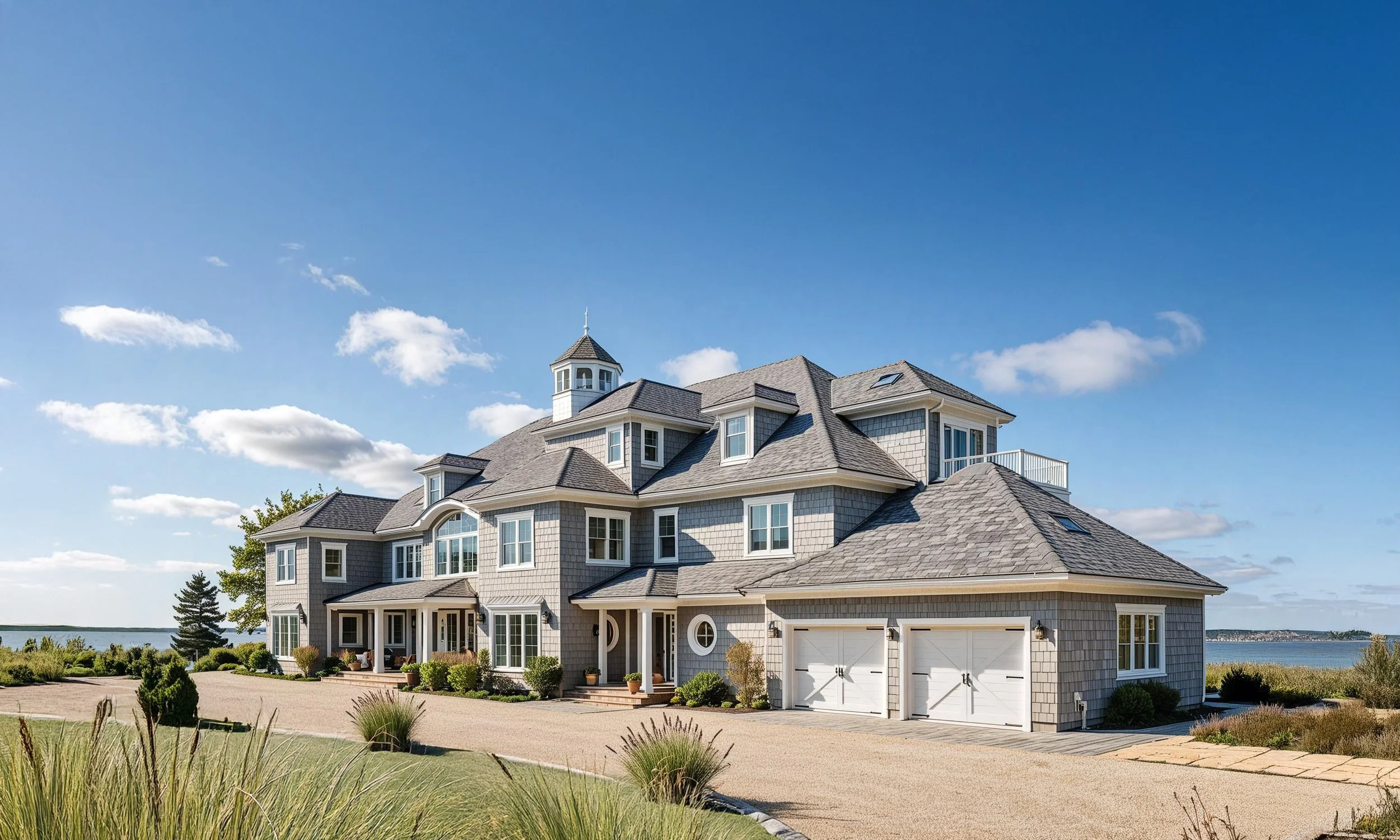 Large beach house with gray shingles, multiple gabled roofs, and a small tower with a spire. The house has a front porch, white garage doors, and is surrounded by landscaped bushes and grass. There is a gravel driveway and a view of water in the background, under a blue sky with clouds.