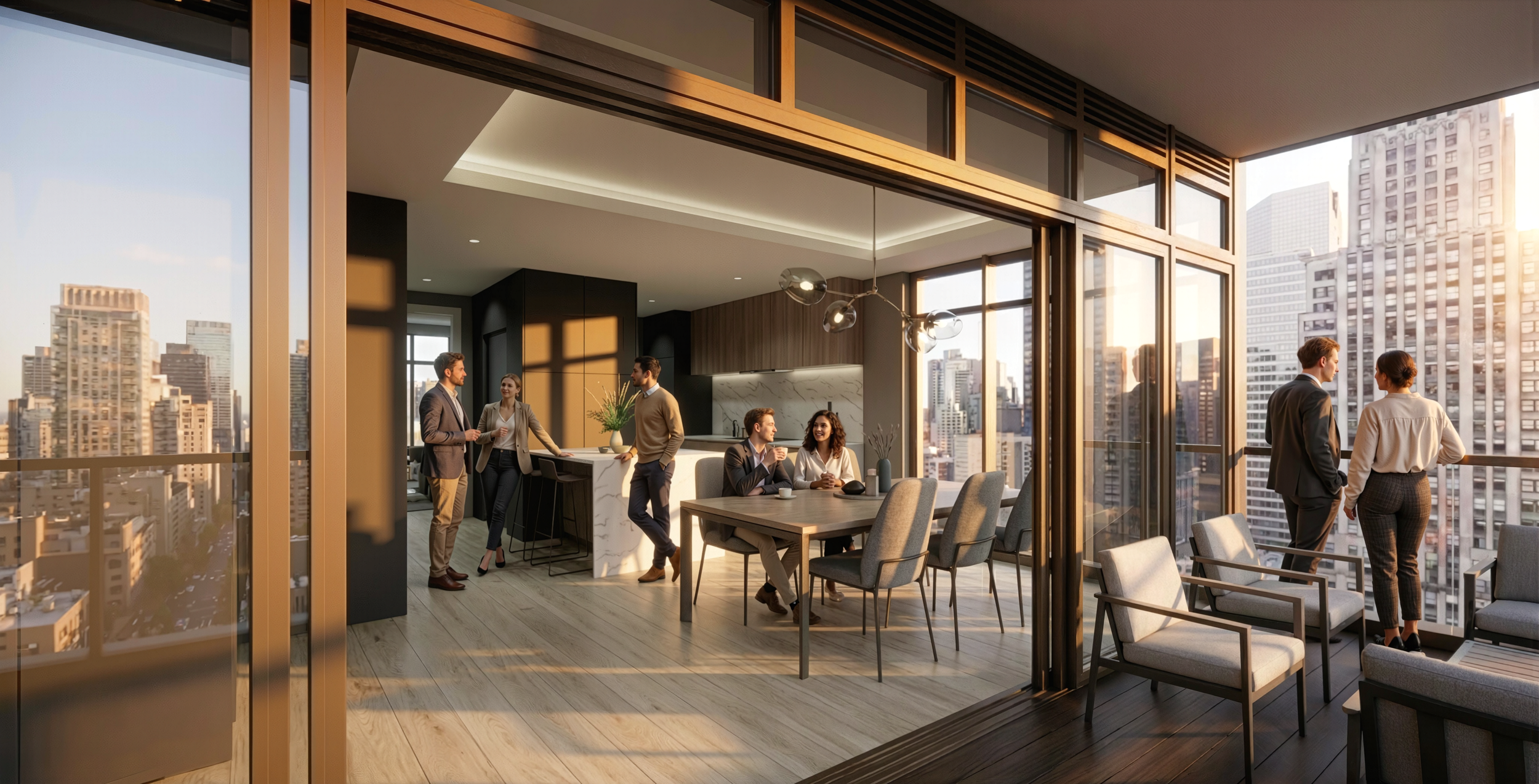 Modern office space with six people, some standing and some seated, having conversations and enjoying the view of the city skyline at sunset. New York City, Architecture, Multi-Family, design