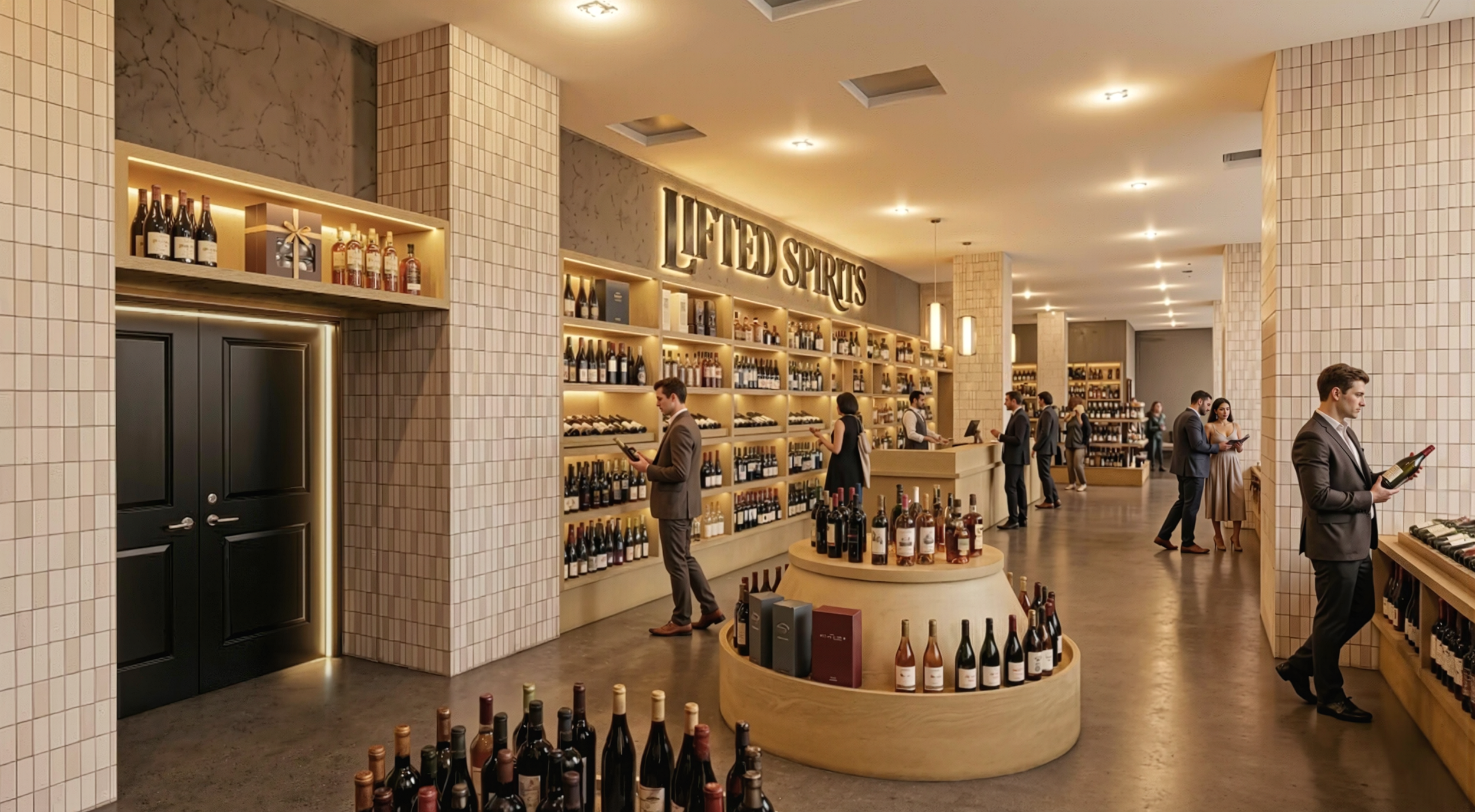 People shopping for wine inside a wine shop with shelves of bottles and a sign that reads 'LIFTED SPIRITS'. Retail design, interior design, architecture, new jersey, jersey city