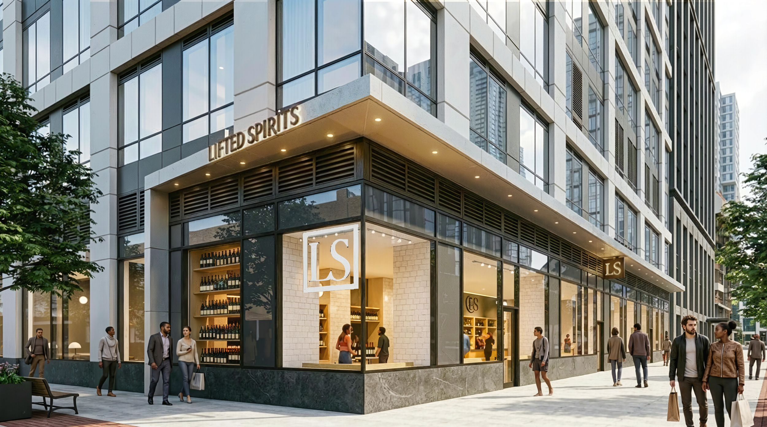 Street view of a modern building with retail shops on the ground floor, people walking on the sidewalk, and the signage 'LIFTED SPIRITS' on the corner of the building. retail design, interior design, signage, architecture, new jersey, jersey city