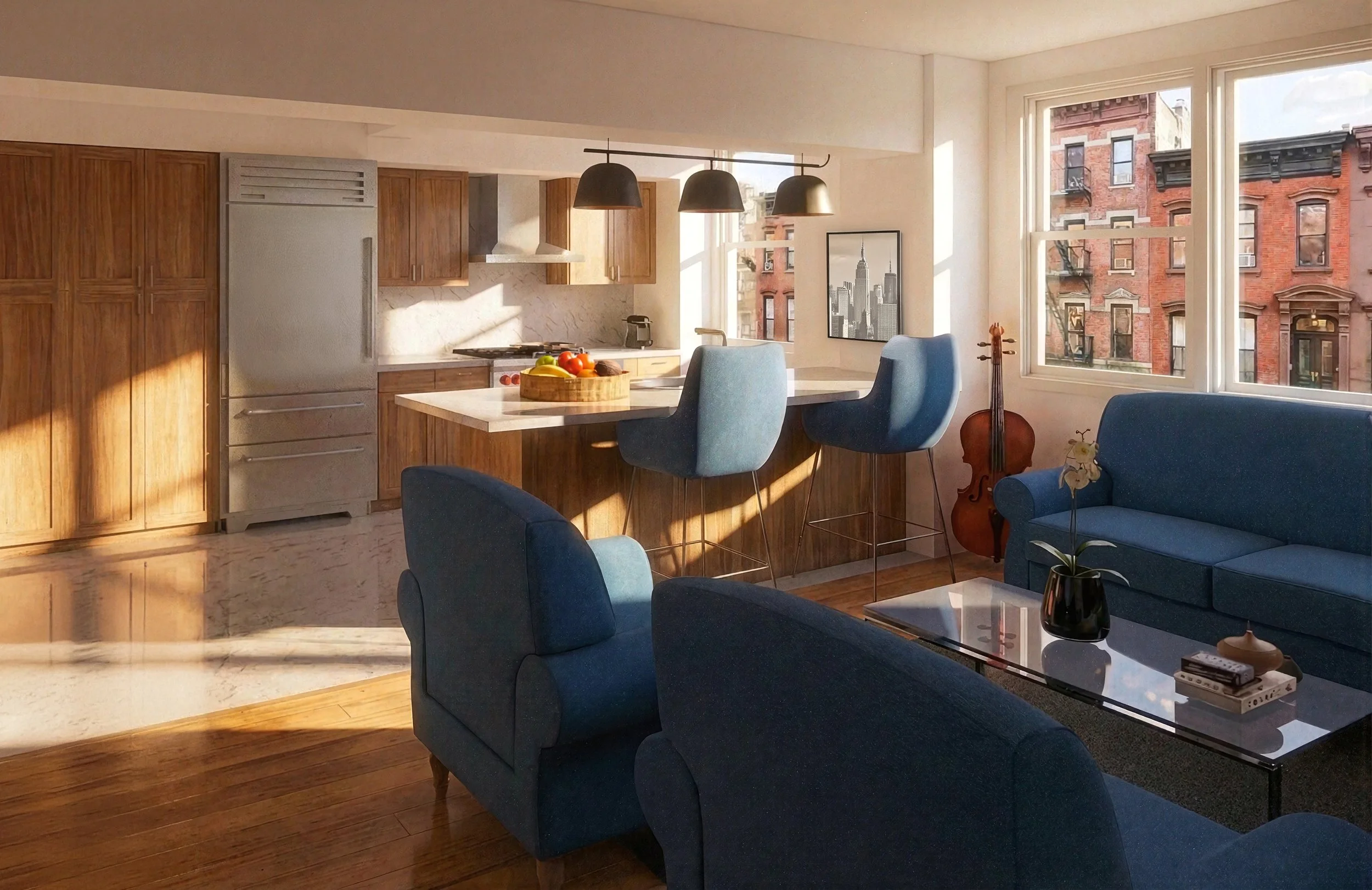 Sunlit open-concept living room and kitchen with blue sofas, a marble coffee table, a kitchen island with bar stools, wooden cabinets, large windows with urban city views, and decorative elements like a potted plant and a framed picture. New York