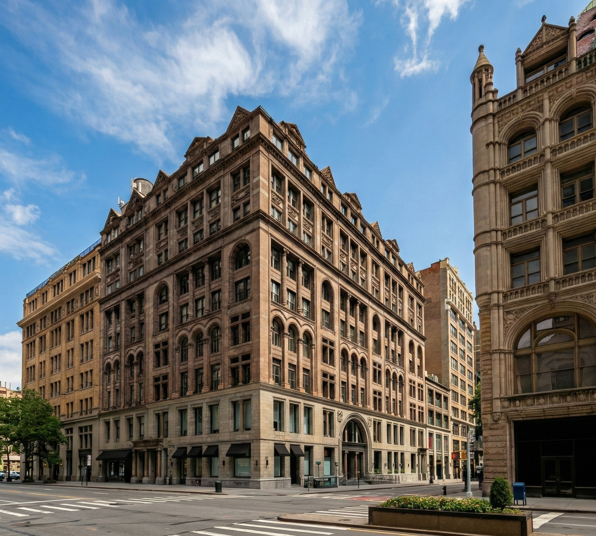 A historic multi-story building on a city street corner with ornate architectural details and awnings over the storefronts. New York City, Renovation, Architecture, Design
