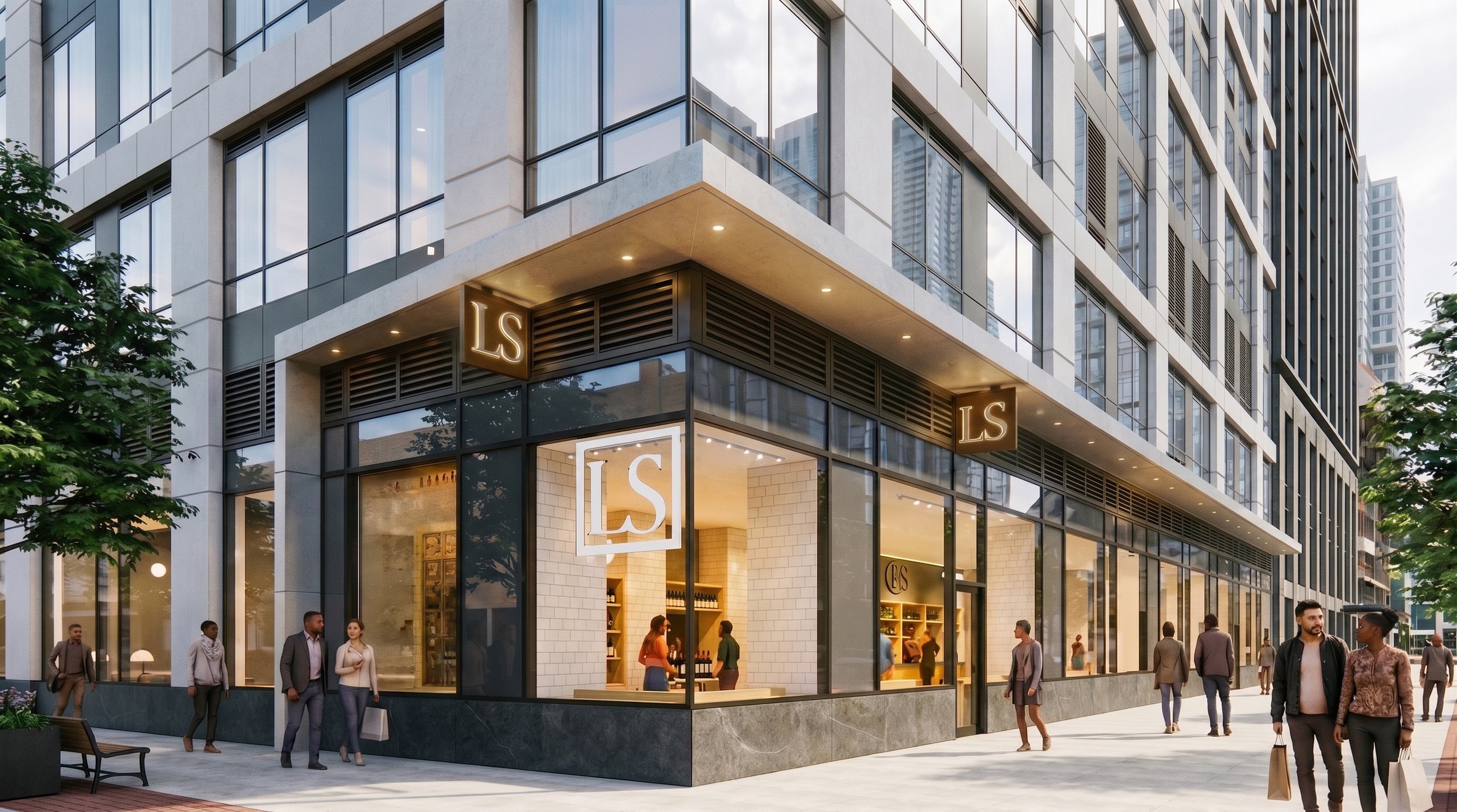 Interior of a liquor store with shelves full of wine bottles and spirits. People browsing and shopping, with a sign that reads 'LIFTED SPIRITS'. New Retail design, architecture, new jersey, journal square