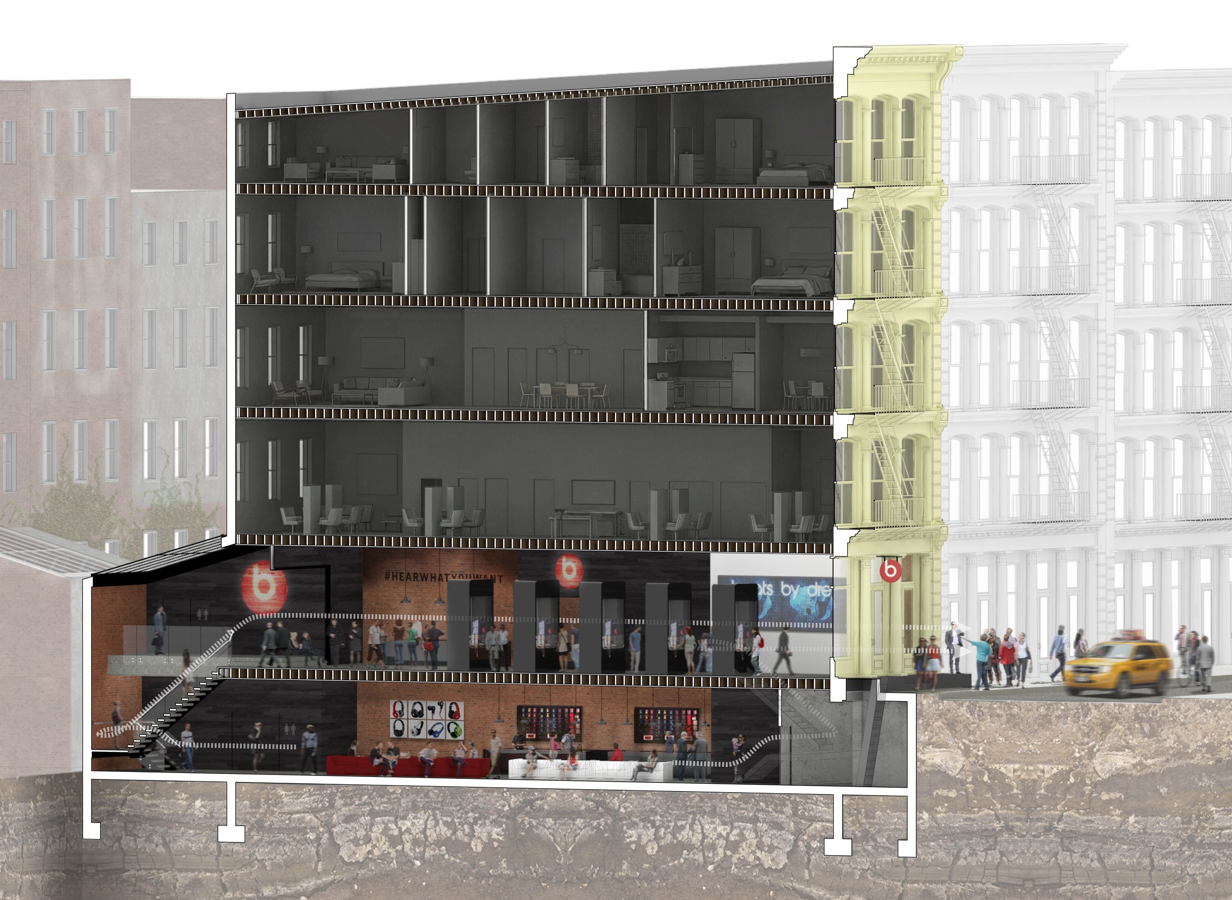 Cross-section of a multi-story building showing interior layouts of commercial and residential spaces, with an underground basement and people walking outside. New York City, Diagram, Architecture