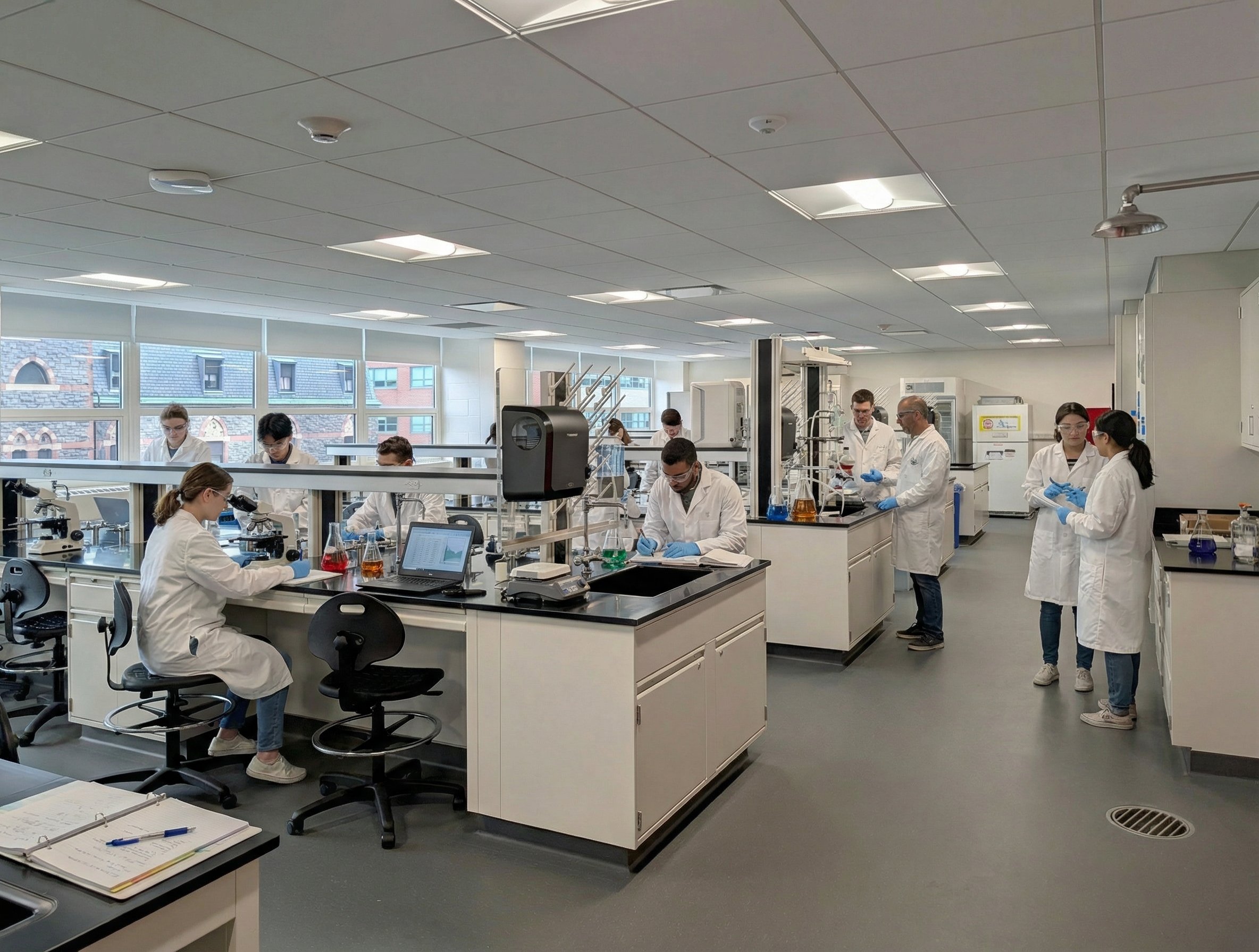 A group of scientists working in a laboratory with various scientific equipment, glassware, and computers. Higher Education, Life Science, Stevens Institute, Architecture, Interior Design