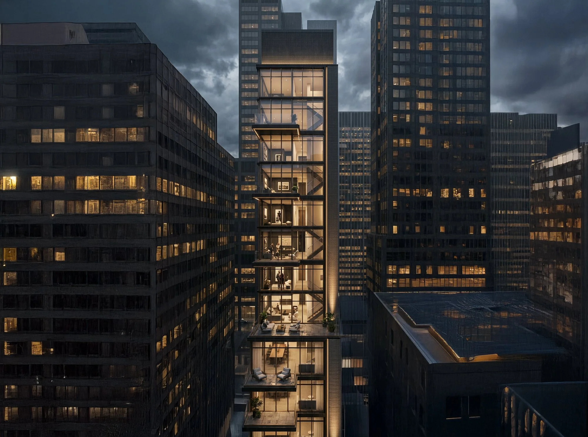 Nighttime cityscape featuring a modern glass building with illuminated apartments and neighboring dark skyscrapers under cloudy sky. New York City, Architecture, Multi-Family, design