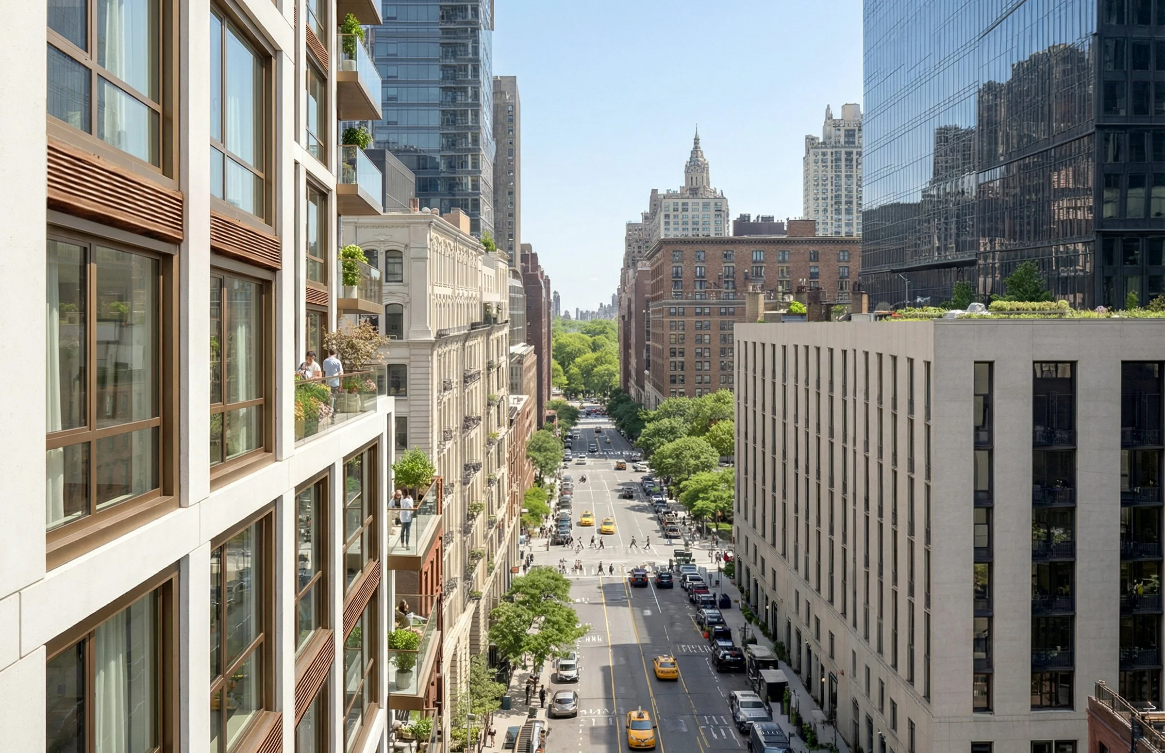 City street view with tall buildings, green trees, and yellow taxis on a sunny day. New York City, Architecture, Multi-Family, design