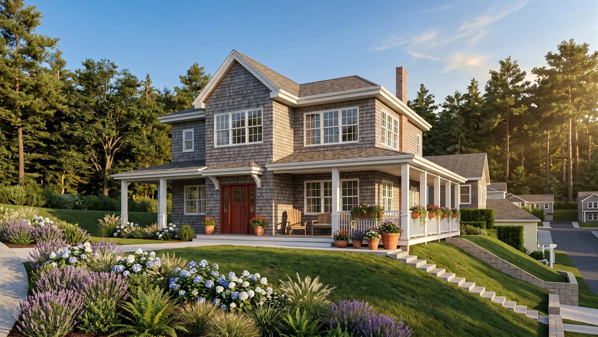 New Sea Cliff Residential Home, Craftsman Style with a cedar shingles, white trim and a warm red door