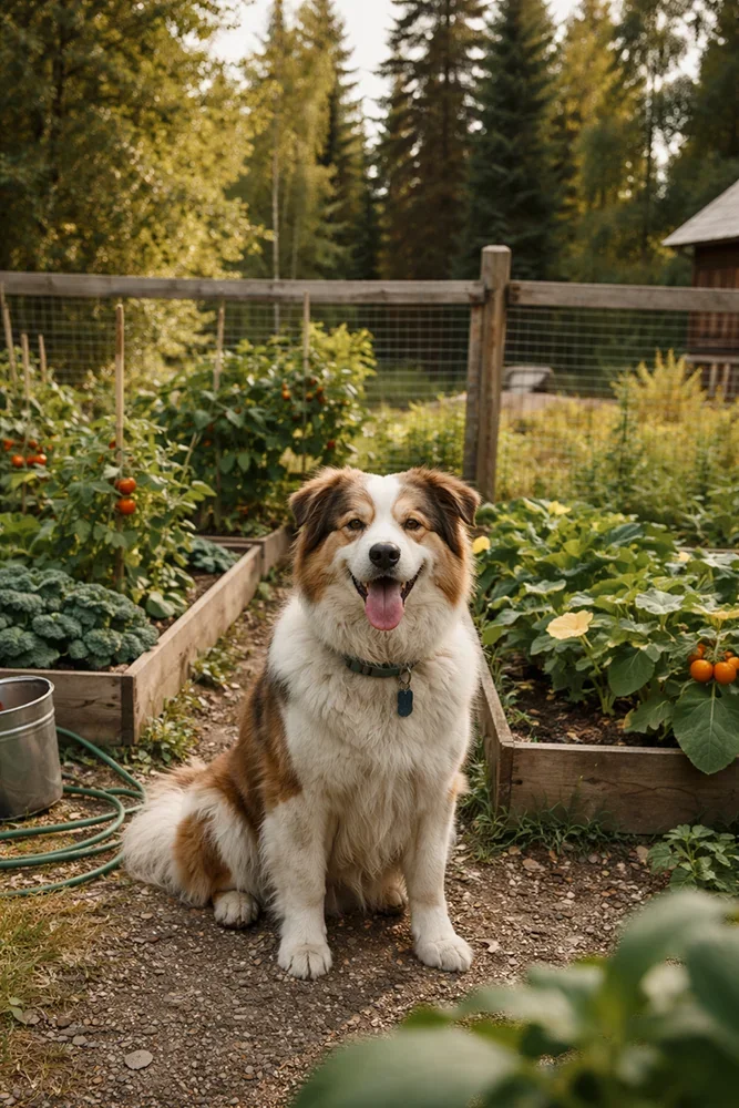 Family dog in a protected garden space using pet friendly mosquito control services in Alaska