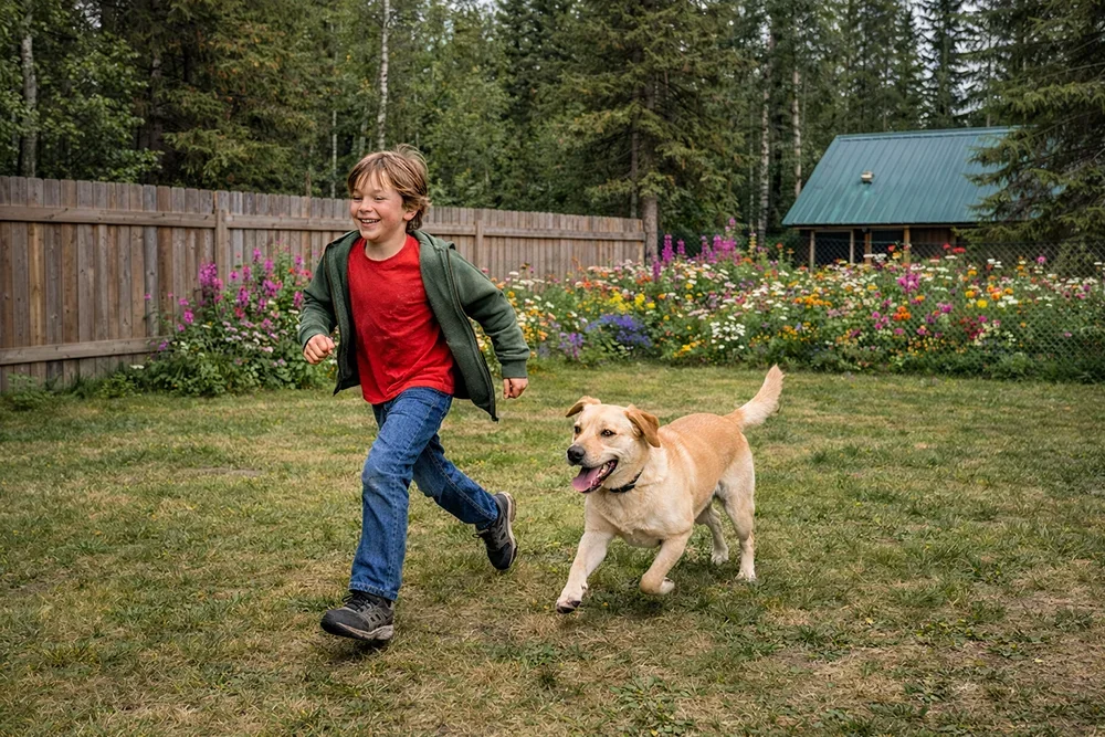Kid playing with a Labrador in a backyard protected by mosquito control services in Alaska’s Mat-Su Valley
