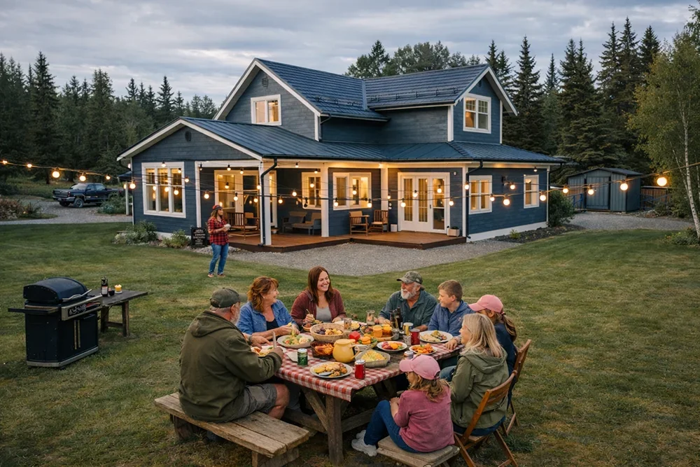 Family enjoying an outdoor dinner under string lights at an Alaska home, made more comfortable with mosquito control in the Mat-Su Valley