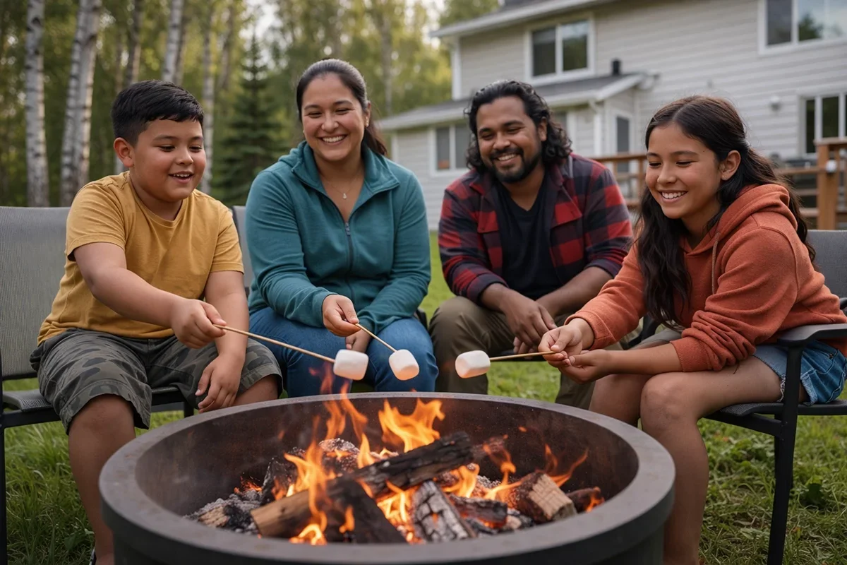 Family enjoying a backyard campfire in Alaska, made more comfortable with mosquito control in the Mat-Su Valley