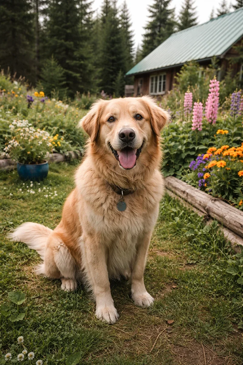 Golden retriever sitting in an Alaska garden with pet friendly mosquito control protecting outdoor spaces in the Mat-Su Valley