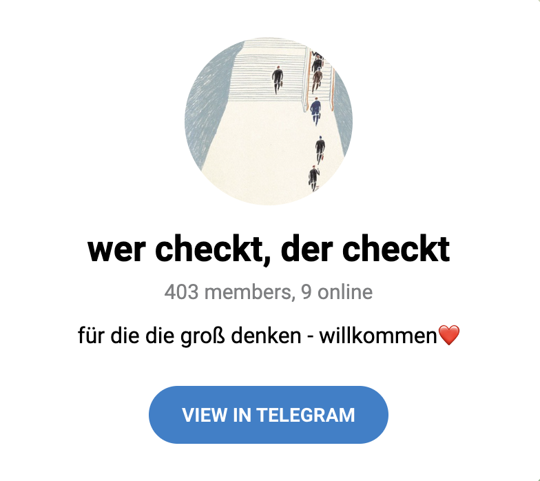 Telegram-Gruppenprofil mit einem Logo, das eine Illustration von Personen zeigt, die Treppen hinauf- oder hinuntergehen, und einem Willkommenstext für große Denker.