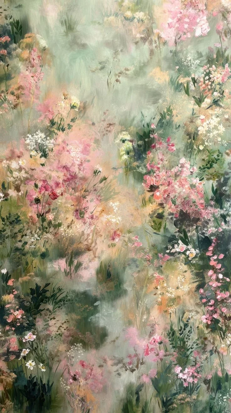 Aquarellmalerei eines Blümengartens mit rosa, weißen und gelben Blumen, grünem Hintergrund und zartem Farbverlauf.