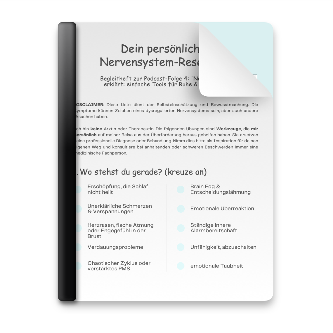 PDF-Dokument mit Titel 'Dein persönliches Nervensystem-Rese' und einer Liste mit Fragen, die mit 'Wo stehst du gerade?' beginnen, sowie multiple-choice-Antworten, die Symptome wie Erschöpfung, Herzrasen und emotionale Taubheit beschreiben.