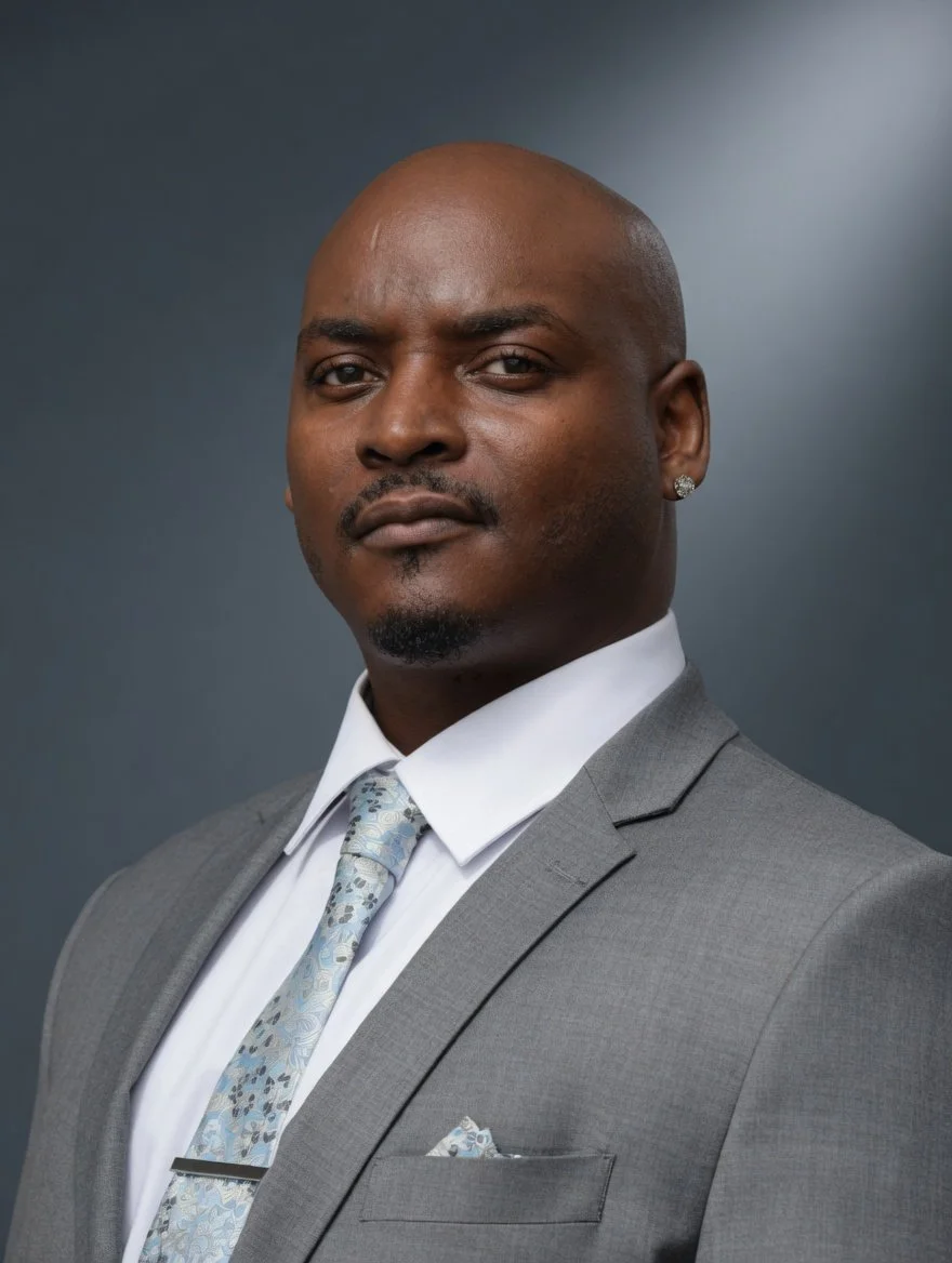 A man in a gray suit with a white shirt and a patterned tie, standing against a dark background, looking serious.