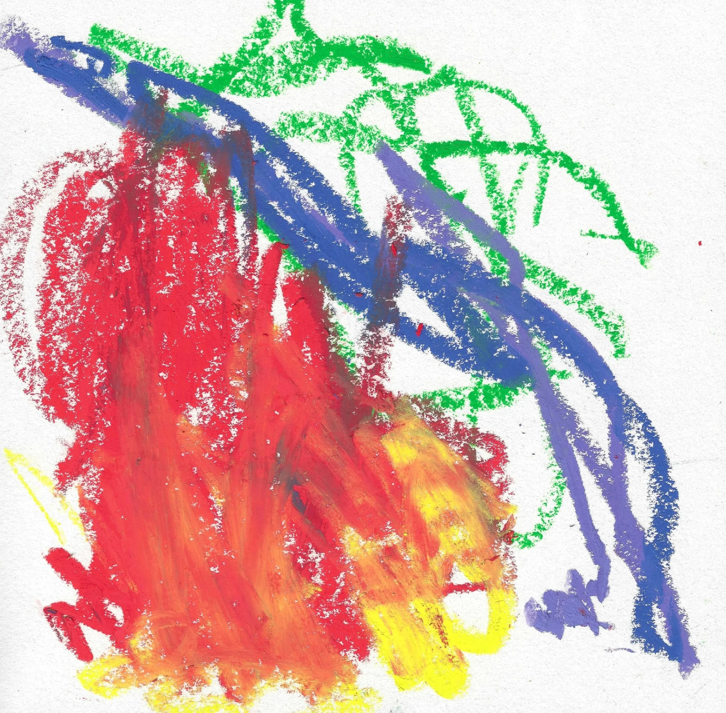 Colorful abstract artwork with bold strokes of red, yellow, blue, green, purple, and orange paint on a white background.
