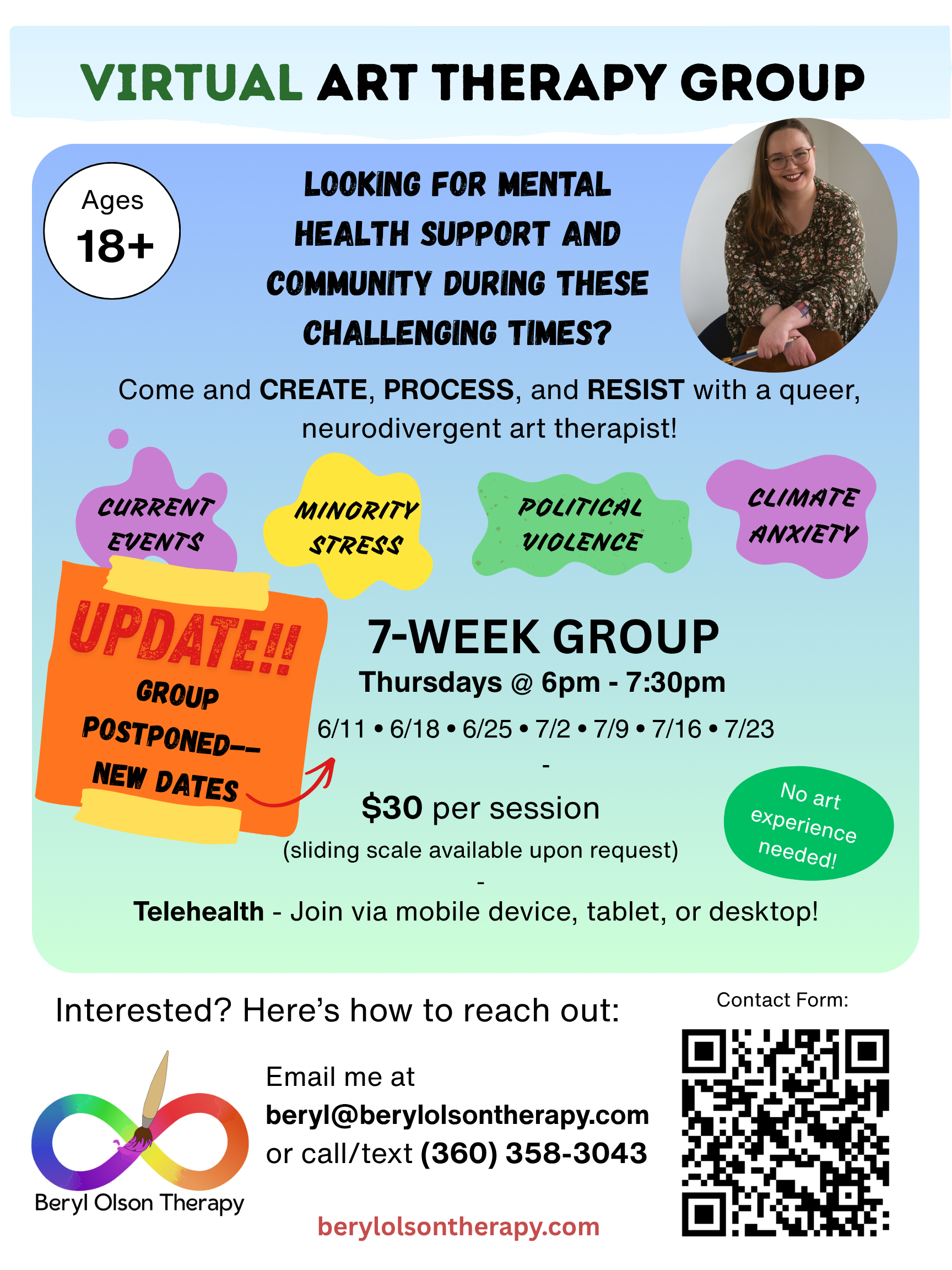 Flyer for a virtual art therapy group for adults 18 and older, led by Beryl Olson Therapy, with dates, time, and contact information, including a logo of a rainbow-colored infinity symbol with a paintbrush.
