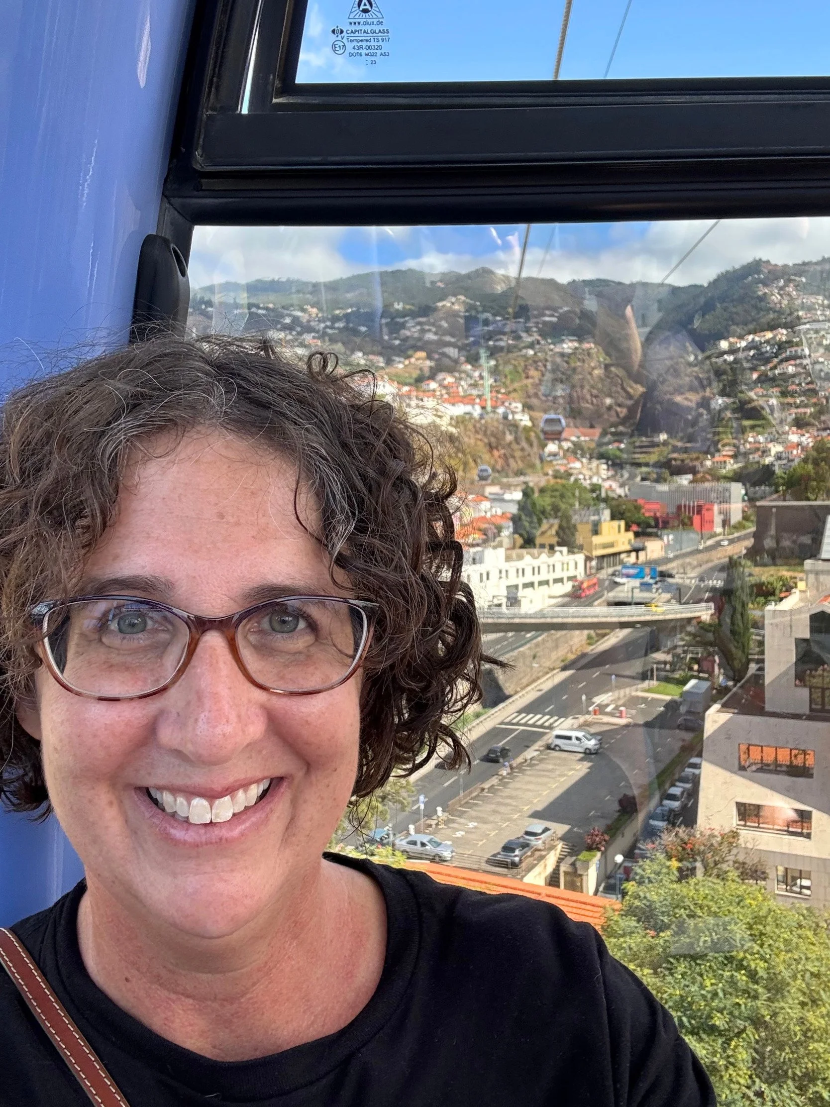 A close-up photo of a woman with curly hair and glasses smiling, with a view of a cityscape and hills seen through a glass window behind her.