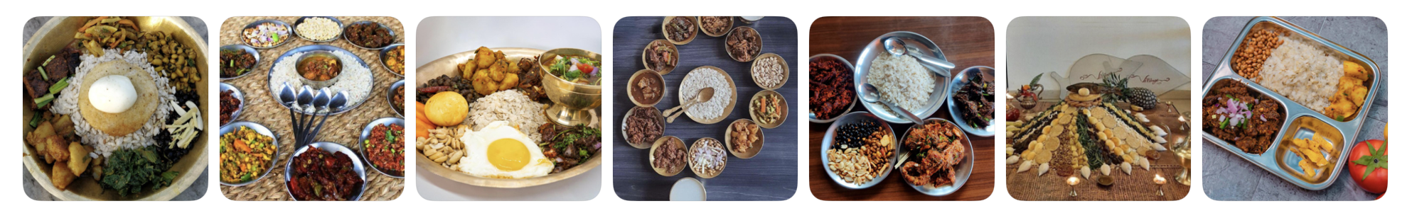 Gallery of traditional Newari Samay Baji from the Kathmandu Valley, with beaten rice, choila, potatoes, beans, egg, pickles and other dishes served together