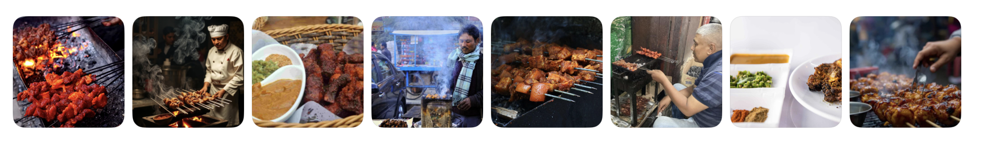 Gallery of Nepalese sekuwa, showing marinated meat grilling over charcoal and freshly cooked skewers served at traditional sekuwa restaurants in Kathmandu