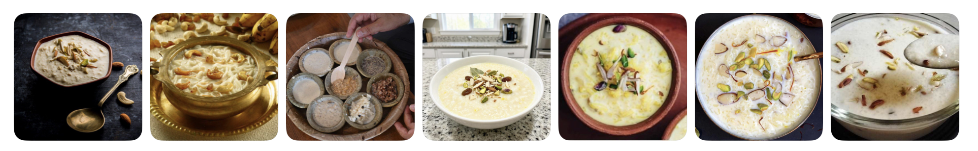 Gallery of Nepalese kheer, showing homemade rice pudding slowly cooked with milk, cardamom, nuts and raisins and traditionally shared at family celebrations