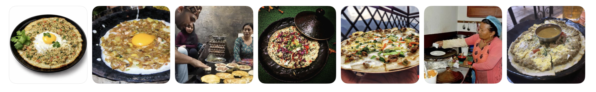Gallery of Newari chatamari in Kathmandu, showing thin rice-flour pancakes freshly cooked with traditional toppings including minced meat, egg and vegetables