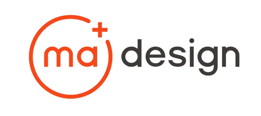 Logo with a red circle surrounding the word 'ma' and the word 'design' written next to it.