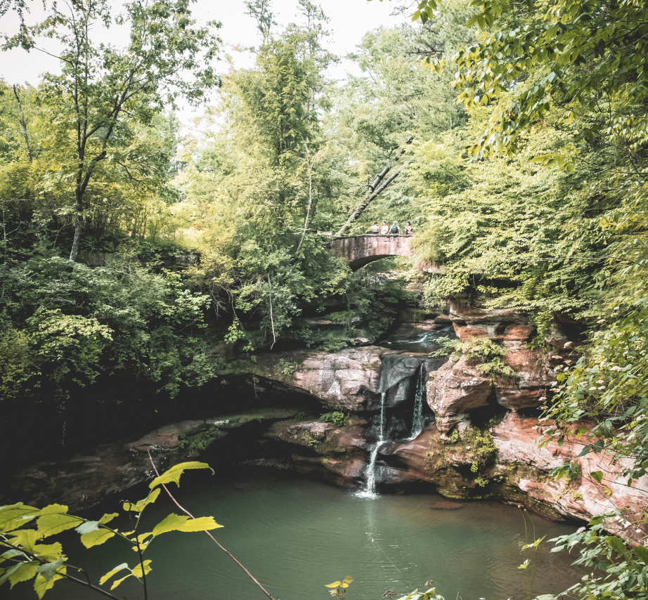 A natural scene of a waterfall cascading into a pond, surrounded by lush green trees, with a small bridge and people standing on it.