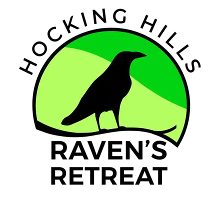 Logo with a black crow silhouette inside a green circle, reading 'Hocking Hills Ramen's Retreat' around and below the circle.