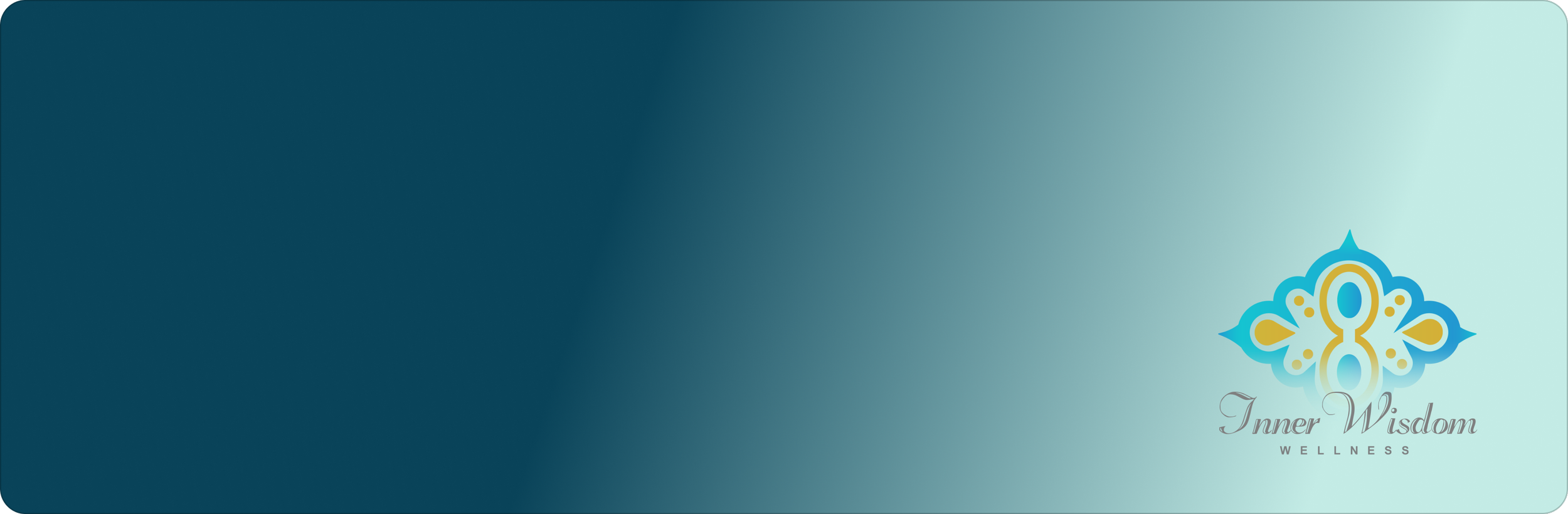 A gradient background transitioning from dark teal on the left to light teal on the right with a decorative blue and gold flower logo and the words 'Inner Wisdom Wellness' written below.
