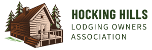 Logo of Hocking Hills Lodging Owners Association showing a wooden cabin with a porch surrounded by trees.