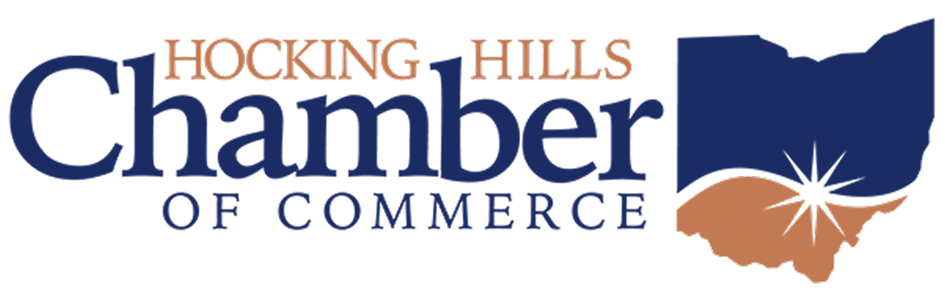 Logo for Hocking Hills Chamber of Commerce featuring text and a stylized outline of Hocking Hills.