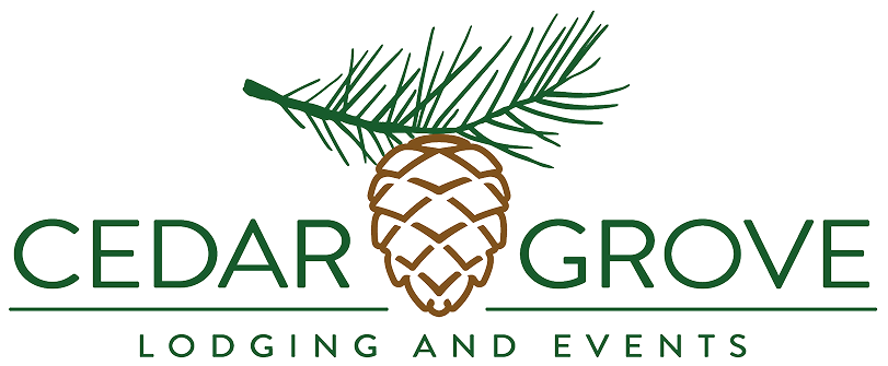 Logo for Cedar Grove Lodging and Events featuring a pine branch and pine cone.