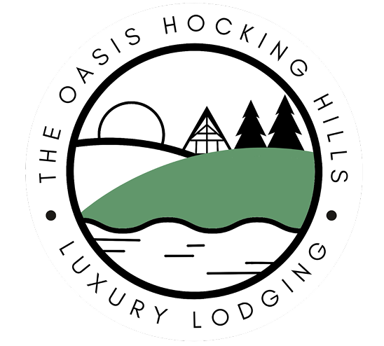 Logo featuring a landscape with a sun, a triangular tent, pine trees, a green hill, and a river, surrounded by text that reads "The Oasis Hocking Hills Luxury Lodging".