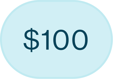 Blue oval with the text '$100' in the center.