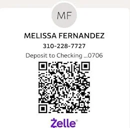 Business card with name Melissa Fernandez, phone number 310-228-7727, Zelle logo, and QR code