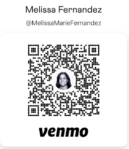 A digital business card featuring Melissa Fernandez's name, social media handle, and a QR code with her photo in the center, along with the Venmo logo and text.