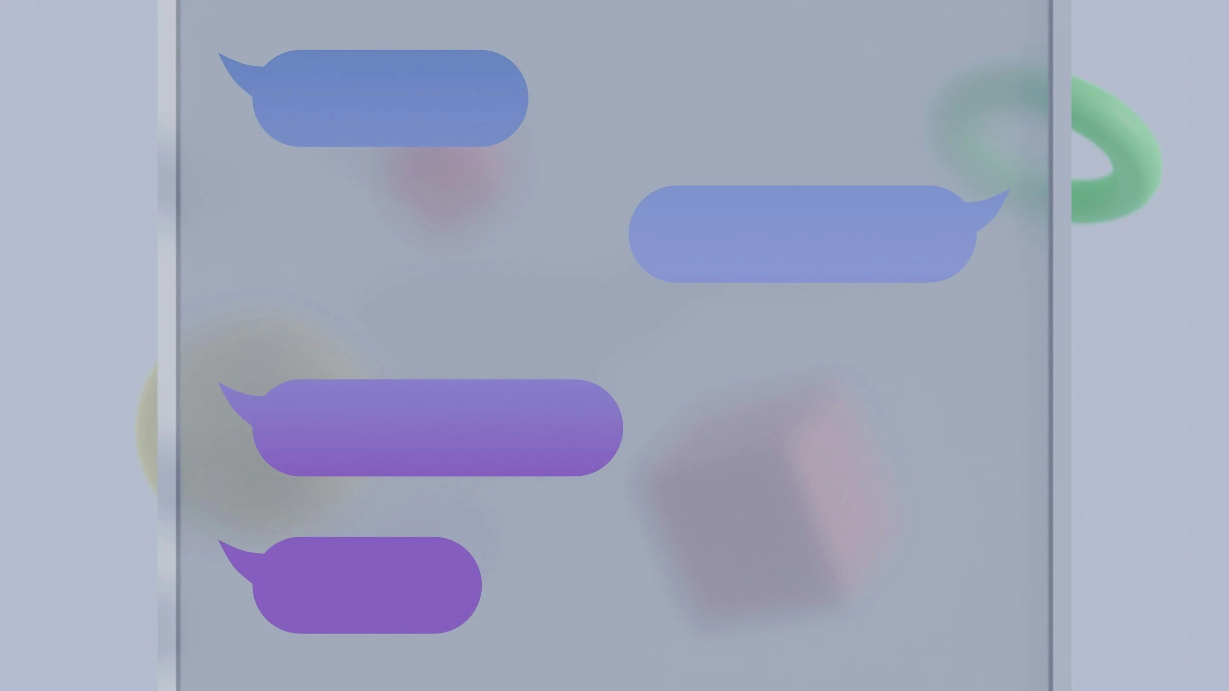 Ein Smartphone-Bildschirm zeigt mehrere blaue und lila Chatblasen in einer Messaging-App. Im Hintergrund sind unscharf farbige kreisförmige Formen sichtbar.