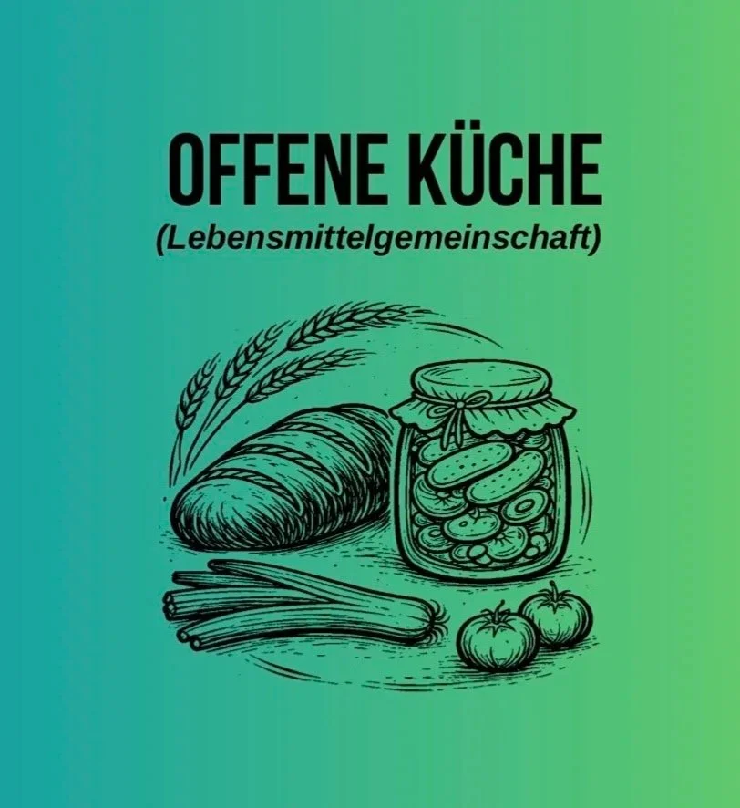 Gemeinschaftszeichen mit Lebensmittelillustrationen, inklusive Brot, Gurke, Tomaten, eingelegtem Gemüse in Einmachglas, Getreide, und Lauch, mit dem Text 'Lebensmittel Gemeinschaft' im Kreis.