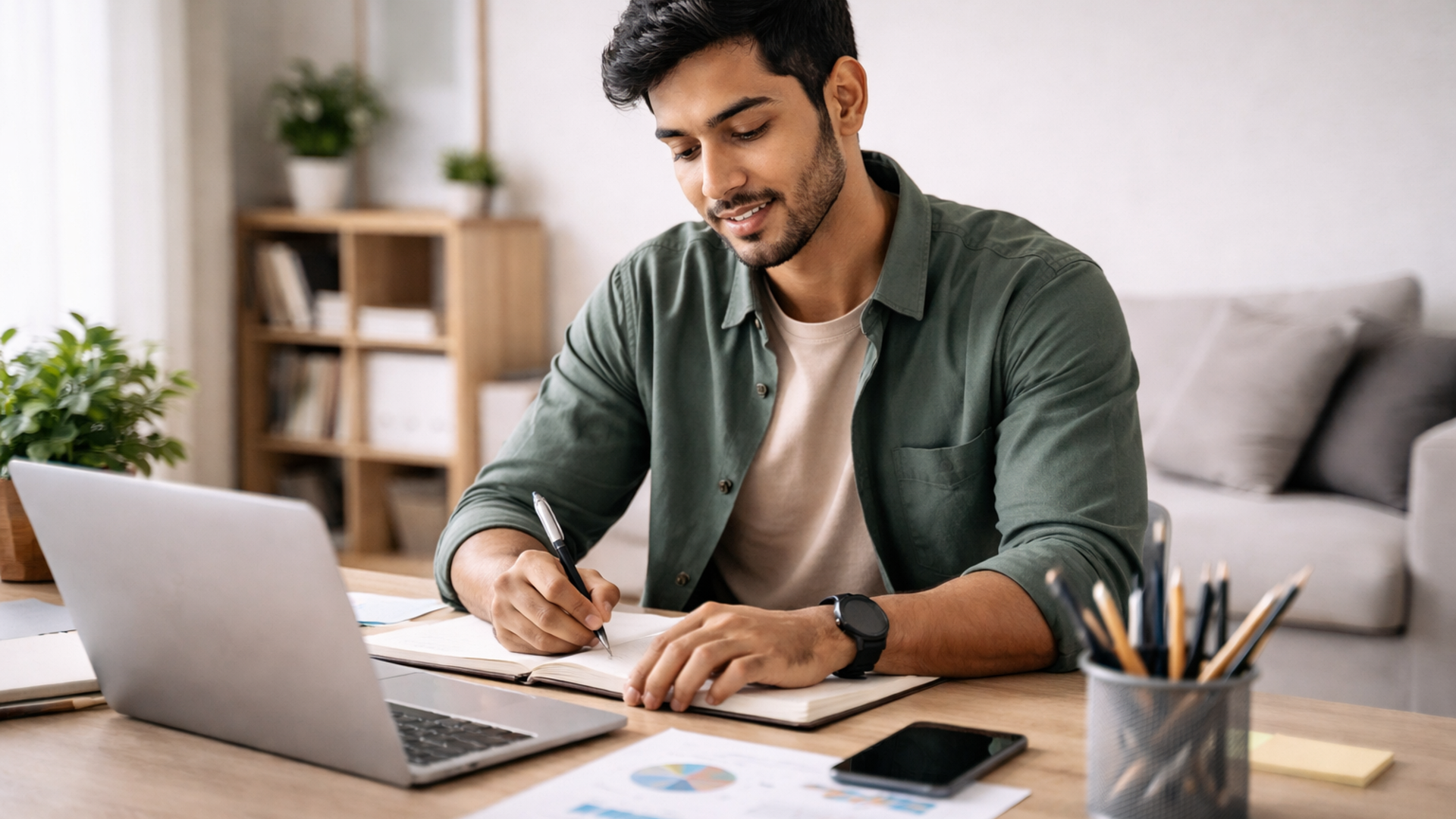 a buyer in A clean workspace with a notebook and house keys, representing a strategic and organized summer downsizing plan.