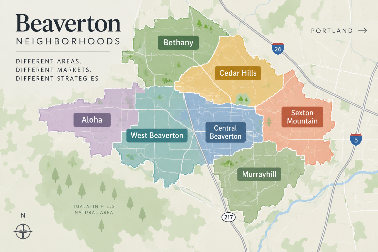 Beaverton Oregon neighborhood map showing Cedar Hills, Bethany, Aloha, West Beaverton, Central Beaverton, Murrayhill, and Sexton Mountain.