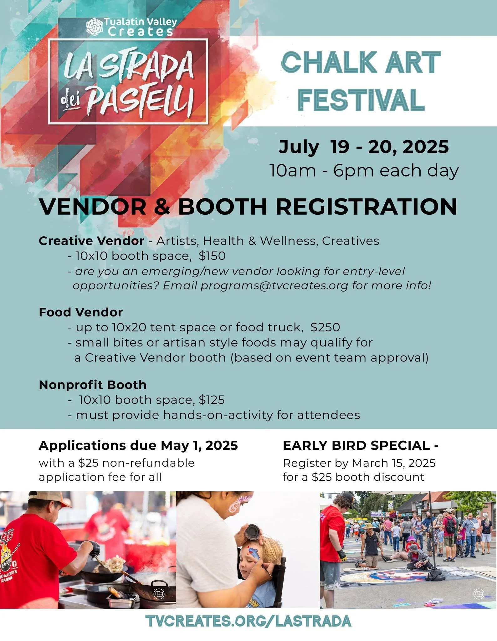 Brochure for La Strada dei Pastelli Chalk Art Festival in Portland, OR, highlighting artists and community sponsorship by Rhonda Riley