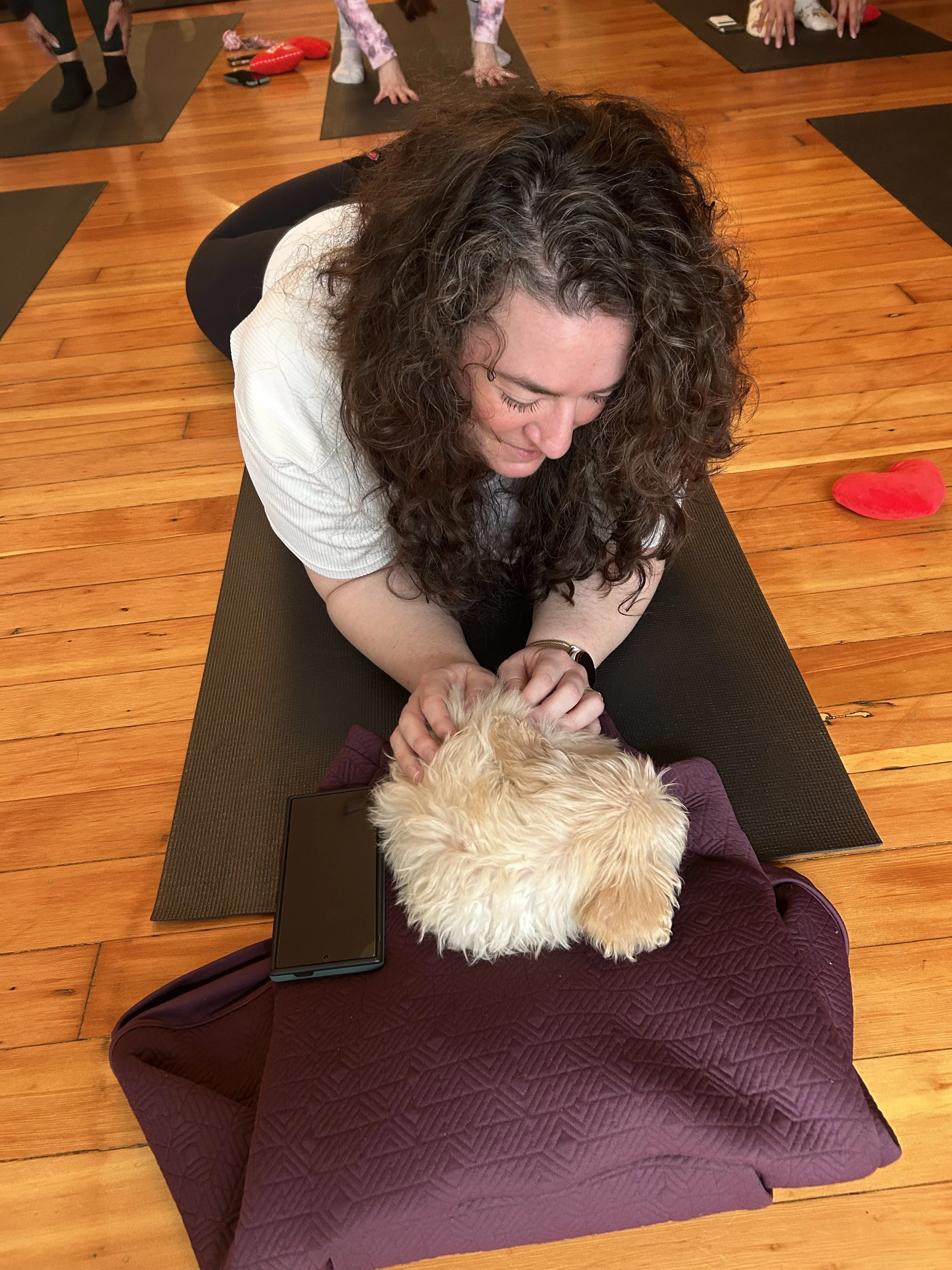 VIP clients bonding and laughing with puppies during Puppy Yoga 2025 in Portland, OR