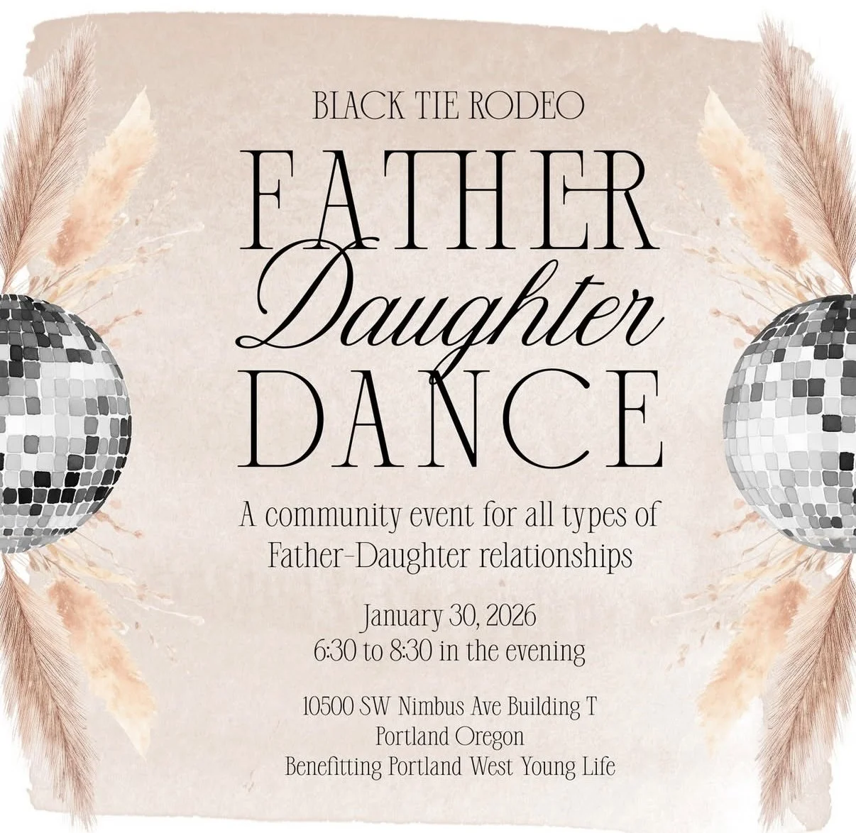 Brochure or event information for Young Life Father Daughter Dance in Portland, OR, highlighting the cowboy-themed evening for fathers and daughters