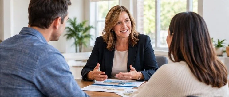 Real estate agent discussing home buying and selling plans with clients